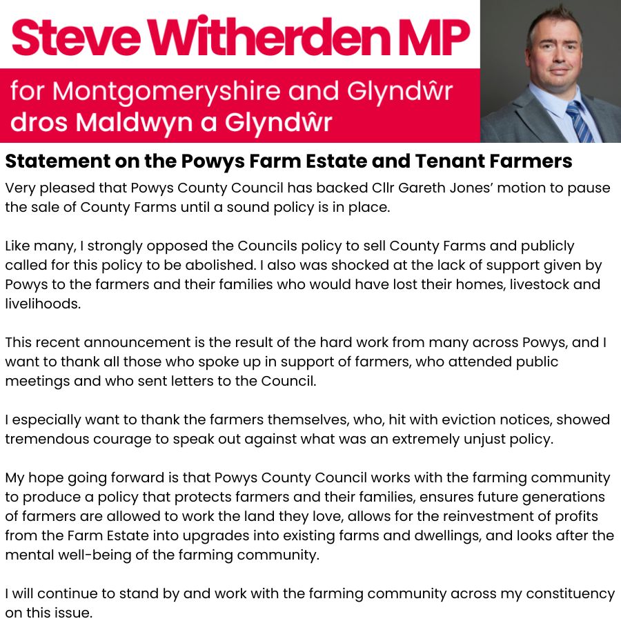 switherdenMP's tweet image. Very pleased that Powys County Council has backed Cllr Gareth Jones’ motion to pause the sale of County Farms until a sound policy is in place.
I will continue to oppose the sell-off & stand with tenant farmers & their families to secure a fair, sustainable future for our land.