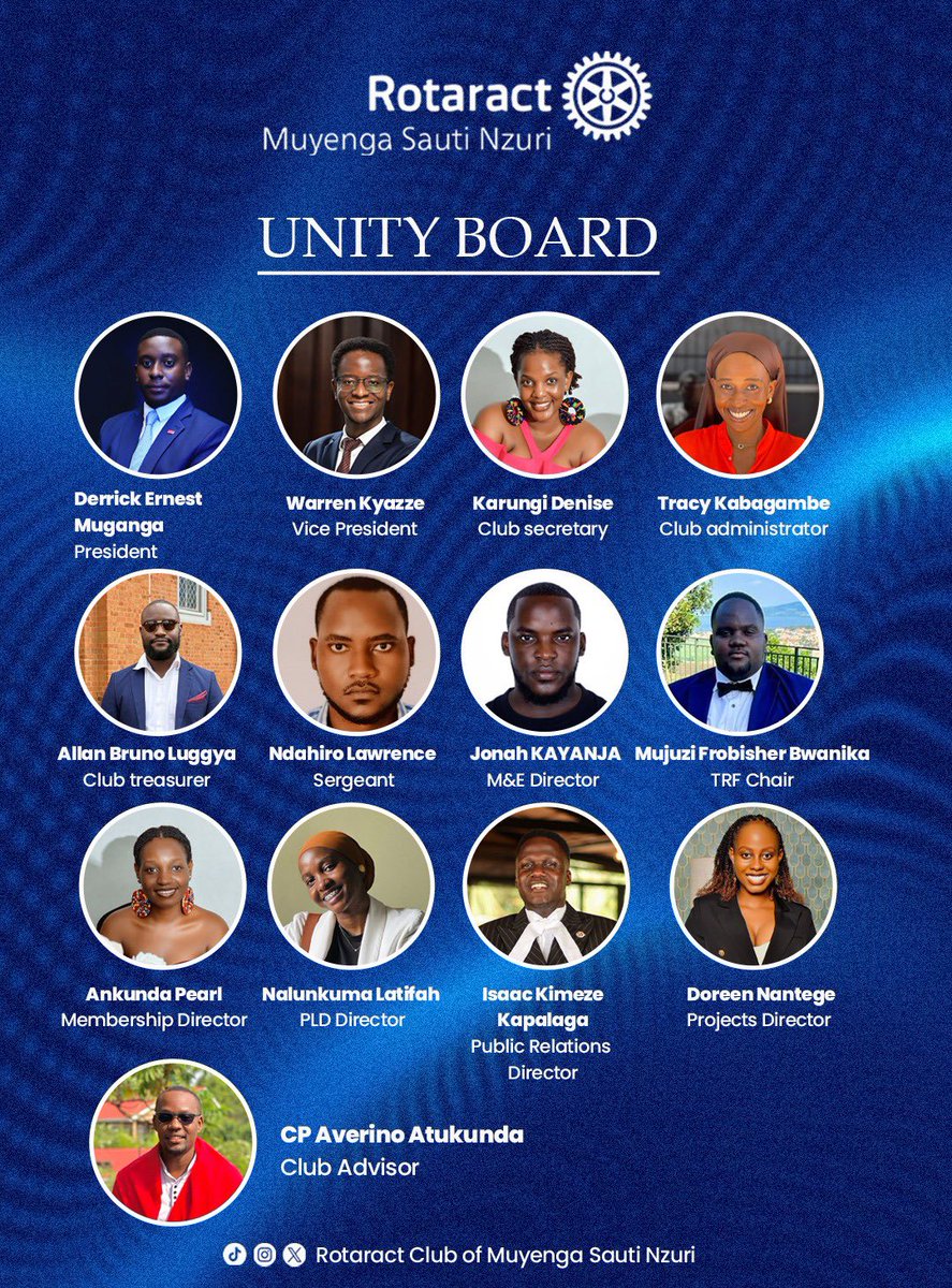 RAC_SautiNzuri's tweet image. Exciting times ahead!
Introducing the Rotaract Muyenga Sauti Nzuri incoming Unity Board for Rotary Year 2025/2026!
This team is poised to make a meaningful impact. Let's come together to support their initiatives and work towards creating positive change in our community.