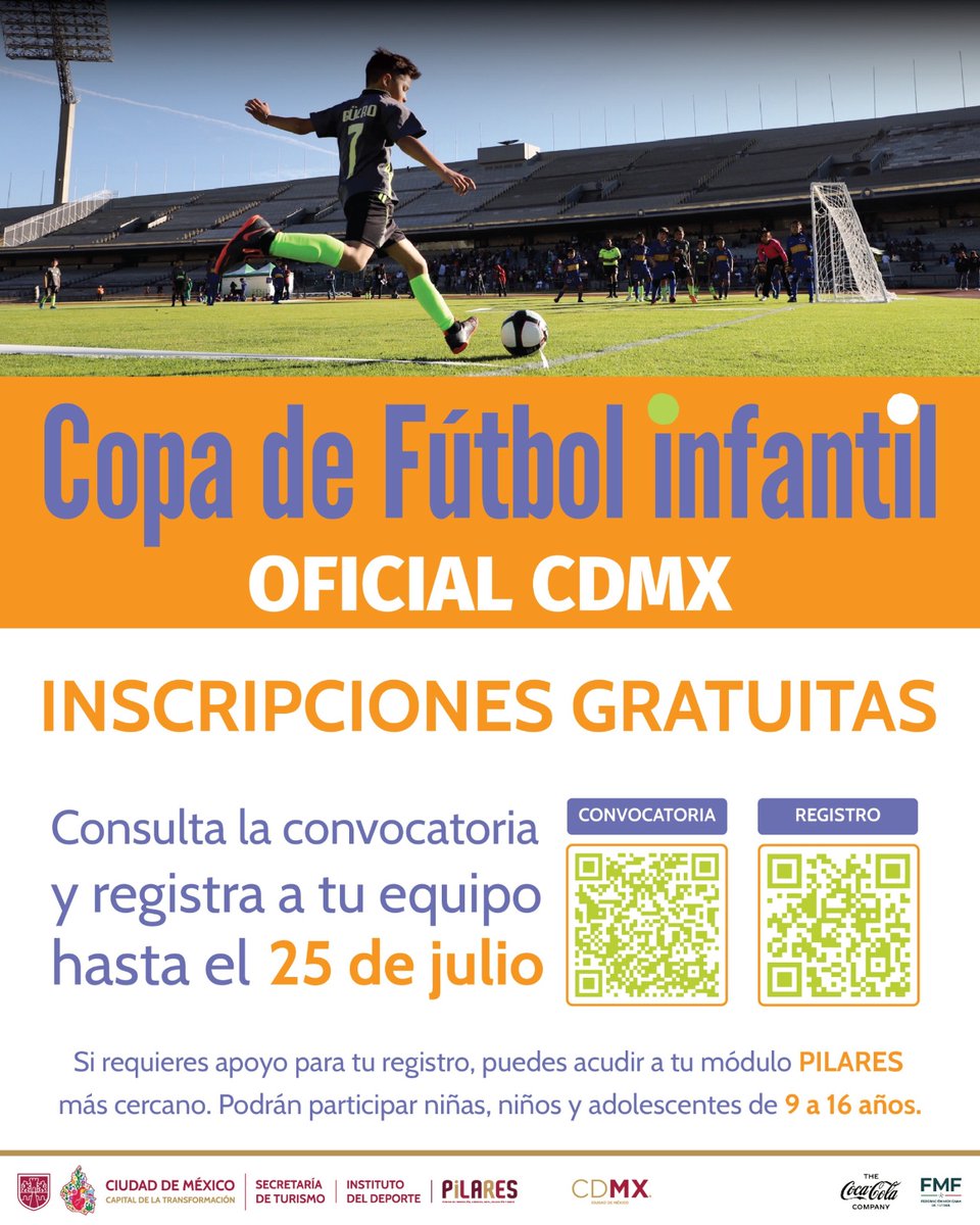Federación Mexicana de Futbol (@fmf) on Twitter photo ¡Apúntate!
El <a href="/GobCDMX/">Gobierno de la Ciudad de México</a> invita a niñas, niños y adolescentes a ser parte de esta gran experiencia. ¡La inscripción es TOTALMENTE GRATUITA! Las inscripciones cierran el 25 de julio.
Consulta las bases en el código QR. ¡Apúntate!
El <a href="/GobCDMX/">Gobierno de la Ciudad de México</a> invita a niñas, niños y adolescentes a ser parte de esta gran experiencia. ¡La inscripción es TOTALMENTE GRATUITA! Las inscripciones cierran el 25 de julio.
Consulta las bases en el código QR.