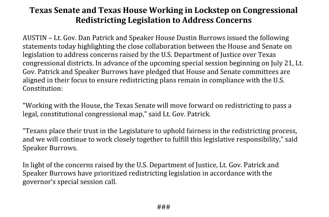 Jasper Scherer (@jaspscherer) on Twitter photo First word from <a href="/DanPatrick/">Dan Patrick</a> & <a href="/Burrows4TX/">Dustin Burrows</a> on redistricting since <a href="/GregAbbott_TX/">Greg Abbott</a> placed it on the special session agenda. News release says the chambers are "working in lockstep" on maps. #txlege First word from <a href="/DanPatrick/">Dan Patrick</a> & <a href="/Burrows4TX/">Dustin Burrows</a> on redistricting since <a href="/GregAbbott_TX/">Greg Abbott</a> placed it on the special session agenda. News release says the chambers are "working in lockstep" on maps. #txlege