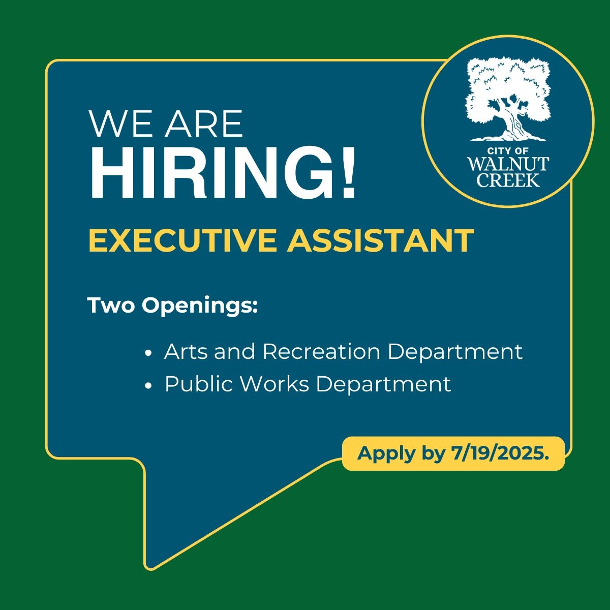 Accepting applications for two #ExecutiveAssistant positions who will support the department director of Arts+Rec or Public Works.

Salary:
$83,285-$100,418 annually 

#applyonline at walnutcreekca.gov/careers!

#joinwalnutcreek #publicworks #artsandrec #careergrowth #citycareers