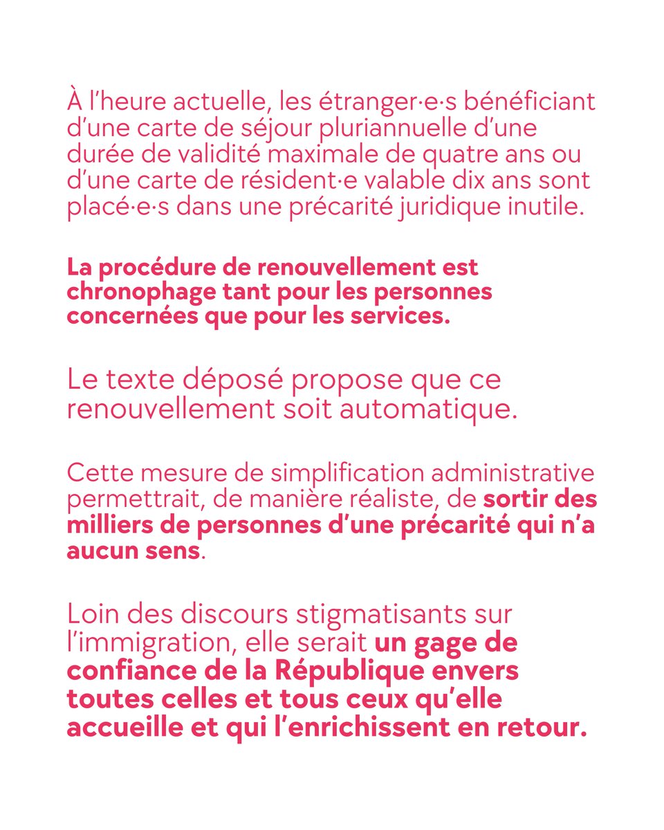 ✅ J’ai déposé une proposition de loi pour garantir un renouvellement automatique des titres de séjour de longue durée. 

Loin des discours stigmatisants, cette proposition permettrait de sortir des milliers de personnes d’une précarité administrative qui n’a pas de sens.