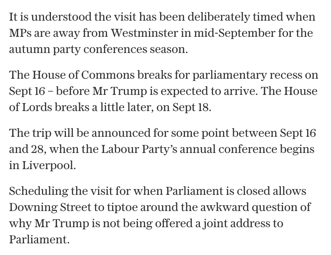 UKStopTrump's tweet image. 🚨 Trump's state visit will (most likely) be somewhere between September 16th-28th...
They are running scared, scheduling the visit when MPs are away, just to have an excuse for Trump not to address Parliament.
(The real reason is that Trump is massively unpopular here.)