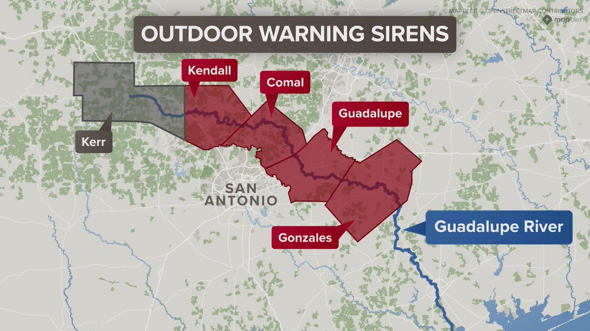 Pretty self-explanatory. The counties in red, installed flood alert sirens. 
Kerr County is the only one that refused to install a siren system.