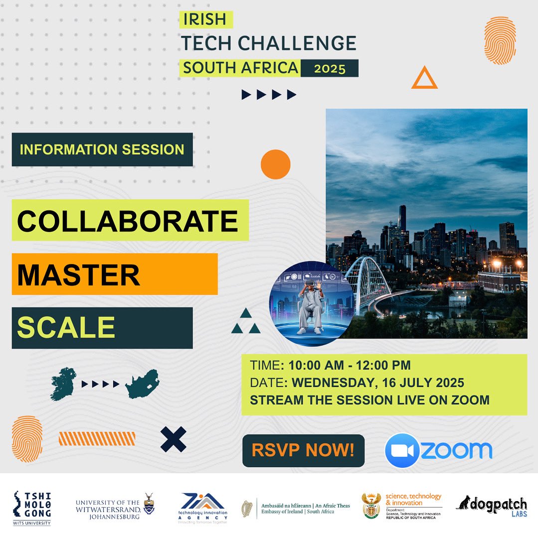 TshimologongIT's tweet image. Join us on 16th of July for the #IrishTechChallengeSA2025 info session!
Learn about the programme, get your questions answered, and stand a chance to win €10,000 in grant funding + a trip to Ireland!
RSVP: shorturl.at/sFD9G
#ITCSA25 #Collaboration #Durban