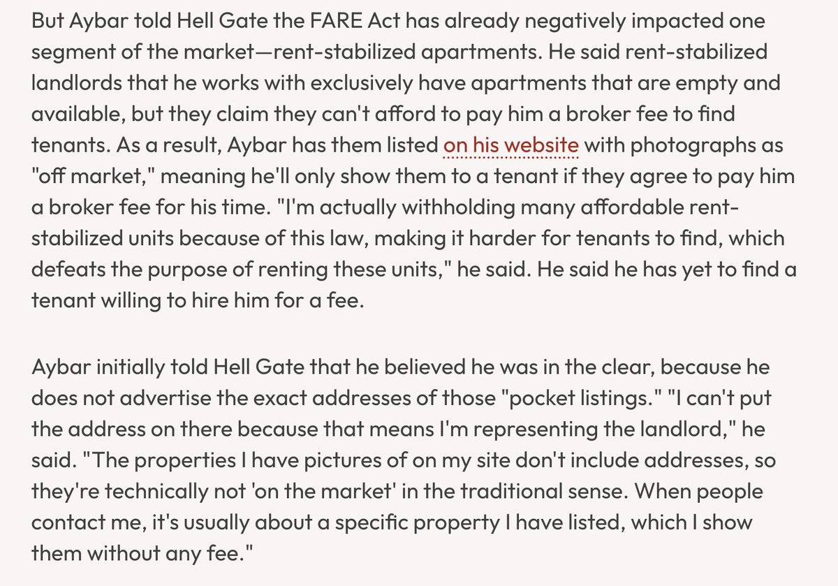 ChristRobbins's tweet image. Its been one month since the FARE Act took effect, and some brokers are getting "creative" in how they try to extract broker fees.
@jessyednews spoke to one who is "withholding" specific rent-stabilized listings, which, lol, might not be legal
hellgatenyc.com/fare-act-one-m…