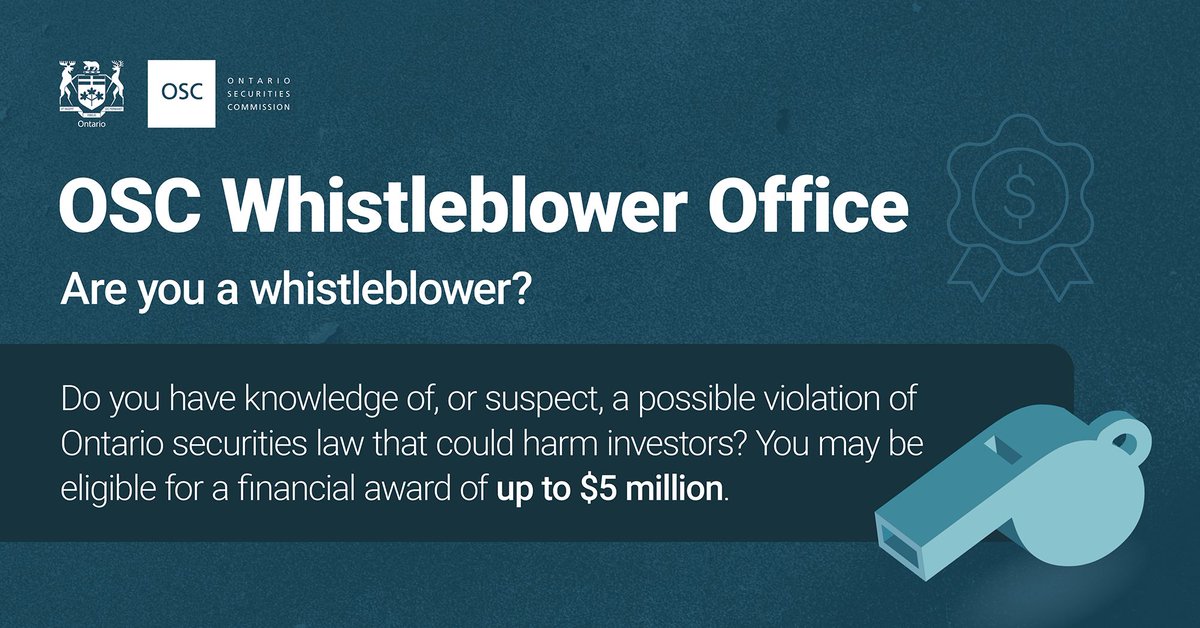 OSC_News's tweet image. The OSC&apos;s whistleblower program accepts tips on possible violations of Ontario securities law, offers protections for individuals who come forward, as well as a reward of up to $5 million for tips that lead to enforcement action.              

Visit the OSC’s website to…