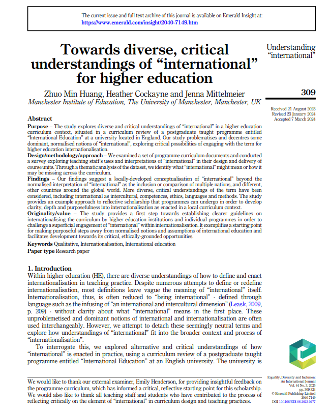 Paper spotlight <a href="/EDI_Journal/">EDI Journal</a>: Zhuo Min Huang, Heather Cockayne <a href="/h_cockayne/">Dr Heather Cockayne</a> &amp; Jenna Mittelmeier <a href="/JLMittelmeier/">Jenna Mittelmeier</a> - 'Towards diverse, critical understandings of “international” for #HigherEducation'. See thread for key takeaways (1/4). Paper here: emerald.com/insight/conten…
