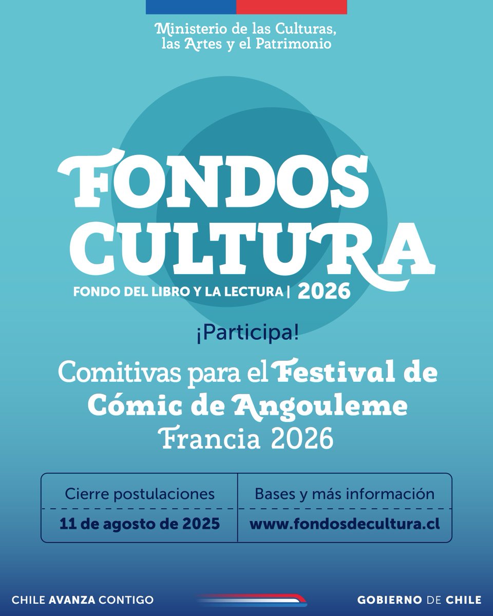 Hacemos el llamado, a través del Fondo del Libro y la Lectura, abre convocatoria para asistir al Festival del Cómic de Angoulême 2026 en Francia 🇫🇷🖋️ 

️📆 Este llamado cierra el 11 de agosto de 2025 a las 15 hrs.  

Revisa los detalles en fondosdecultura.cl