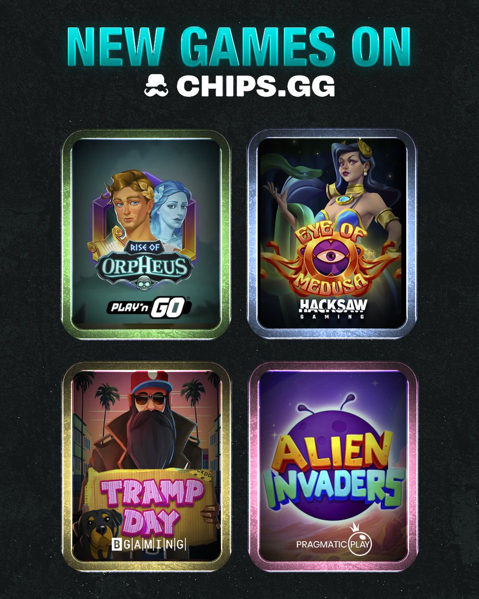 Chips.gg (@chipsgg) on Twitter photo Spice up your weekend with our latest slot drops:
⚡ Rise of Orpheus <a href="/ThePlayngo/">Play'n GO</a>
🐍 Eye of Medusa <a href="/hacksawgaming/">Hacksaw Gaming</a>
🐶 Tramp Day <a href="/BGamingO/">BGaming Official</a>
👽 Alien Invaders <a href="/PragmaticPlay/">Pragmatic Play</a>
Which one’s getting your spins first? (Chips ID) Spice up your weekend with our latest slot drops:
⚡ Rise of Orpheus <a href="/ThePlayngo/">Play'n GO</a>
🐍 Eye of Medusa <a href="/hacksawgaming/">Hacksaw Gaming</a>
🐶 Tramp Day <a href="/BGamingO/">BGaming Official</a>
👽 Alien Invaders <a href="/PragmaticPlay/">Pragmatic Play</a>
Which one’s getting your spins first? (Chips ID)
