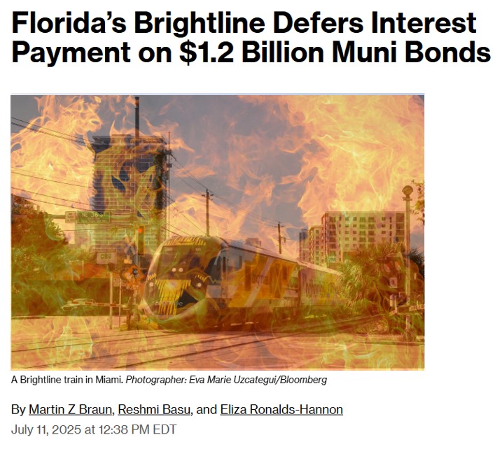 GreyValue's tweet image. 𝗧𝗵𝗲 𝗕𝗮𝗳𝗳𝗹𝗶𝗻𝗴 𝗣𝗿𝗶𝗰𝗶𝗻𝗴 𝗼𝗳 𝗠𝘂𝗻𝗶 𝗕𝗼𝗻𝗱𝘀
Brightline Trains Florida plans to defer a July 15 interest payment on its 10% and 12% unrated tax-exempt bonds - 𝗮𝗻𝗱 𝘁𝗵𝗲 𝗽𝗿𝗶𝗰𝗲𝘀 𝗼𝗳 𝘁𝗵𝗲 𝗯𝗼𝗻𝗱𝘀 𝙖𝙧𝙚 𝙪𝙣𝙘𝙝𝙖𝙣𝙜𝙚𝙙.
The deferral isn't…