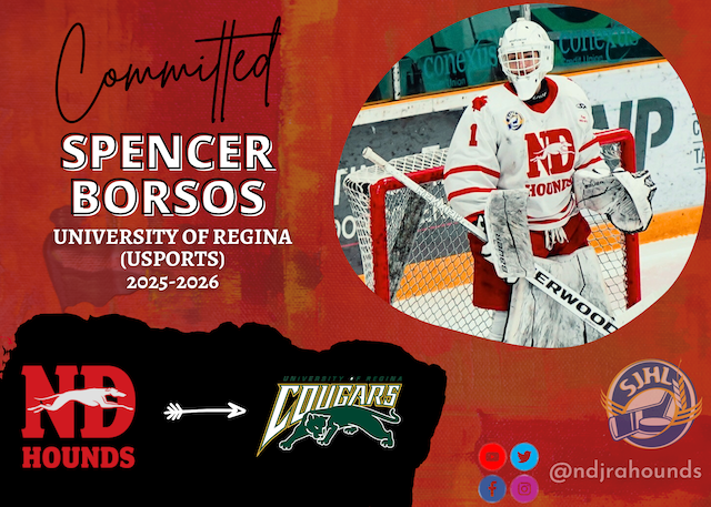 🪧#SJHLNEWS | Notre Dame Hounds goaltender Spencer Borsos has committed to the University of Regina for the 2025-26 USports campaign.

Details - sjhl.ca/hounds-borsos-…