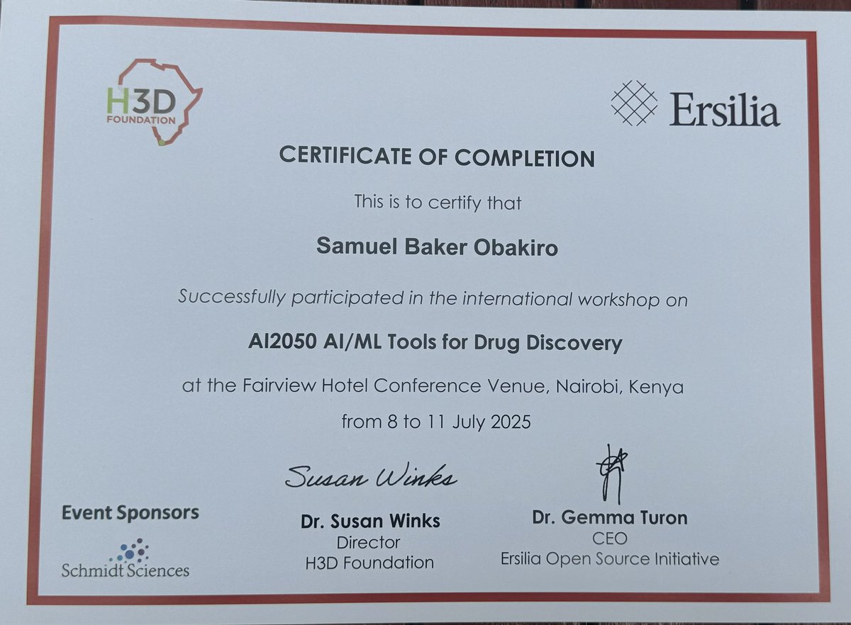sobakiro's tweet image. Today I completed a one week training in AI/ML Workshop organized by @H3D Foundation and @Ersilia. It has been such a wonderful experience to network with other scientists in drug discovery.