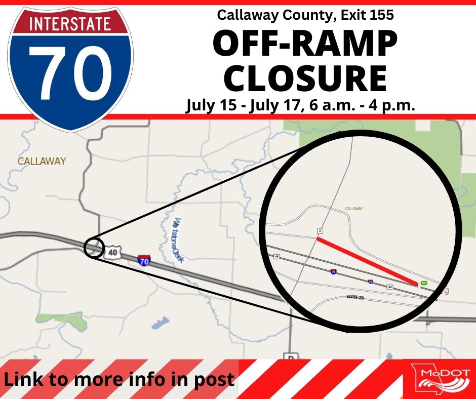 MoDOT_Central's tweet image. ALERT: The westbound I-70 off-ramp to Callaway County Routes A & Z (Exit 155) is scheduled to close Tuesday, July 15 through Thursday, July 17, 6 a.m. to 4 p.m. daily for shoulder repair.
Motorists should plan an alternate route.