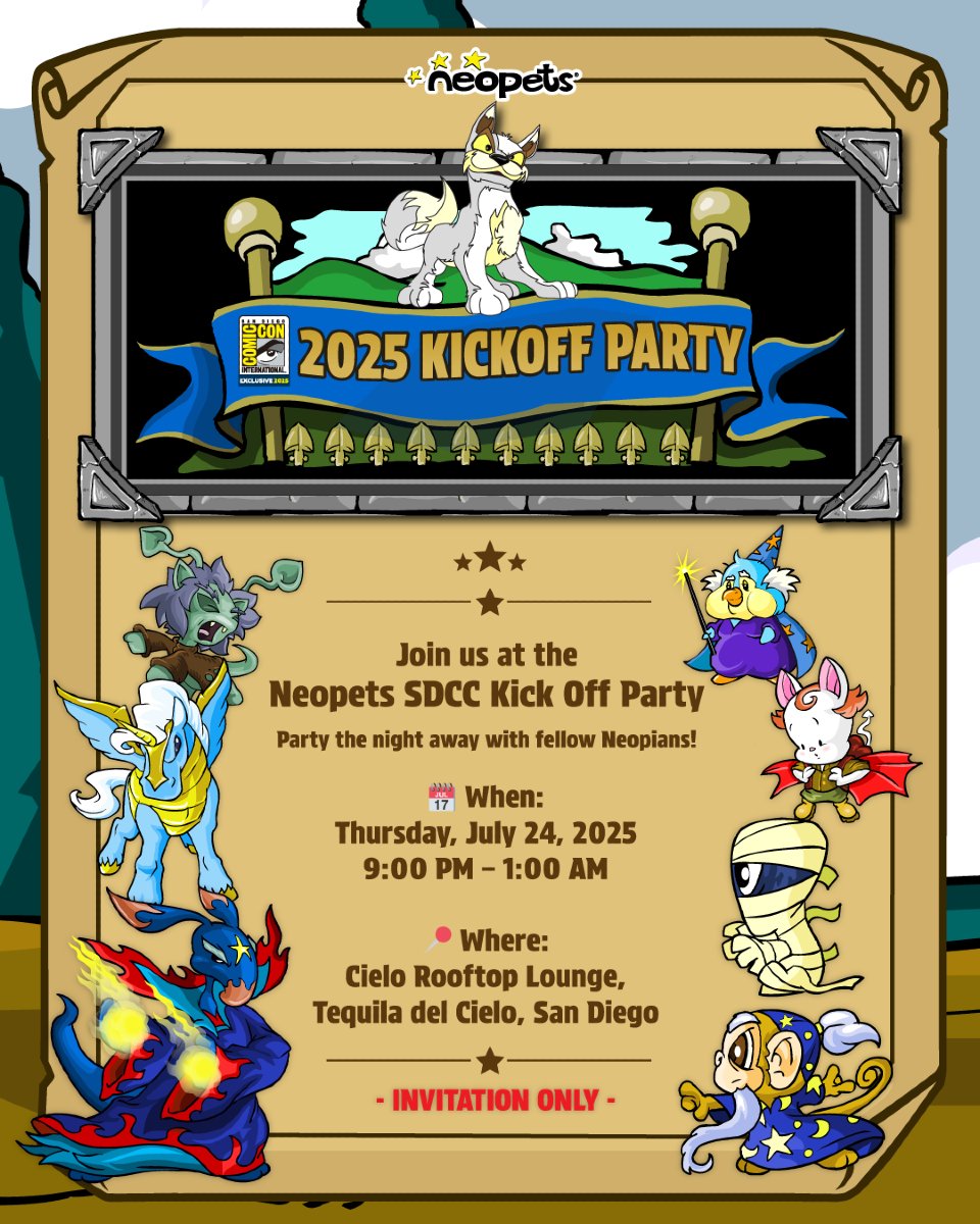 Neopets's tweet image. We’re getting ready to kick off SDCC 2025 with a bang and YOU could win an invite to our exclusive Neopets SDCC Kick Off Party! (what better way to celebrate?!) 🌟
✨Trivia Quests
✨ Best-Dressed Neopian Contest
✨ Cosplayer appearances
✨ Rooftop views, snacks, & epic vibes
✨…