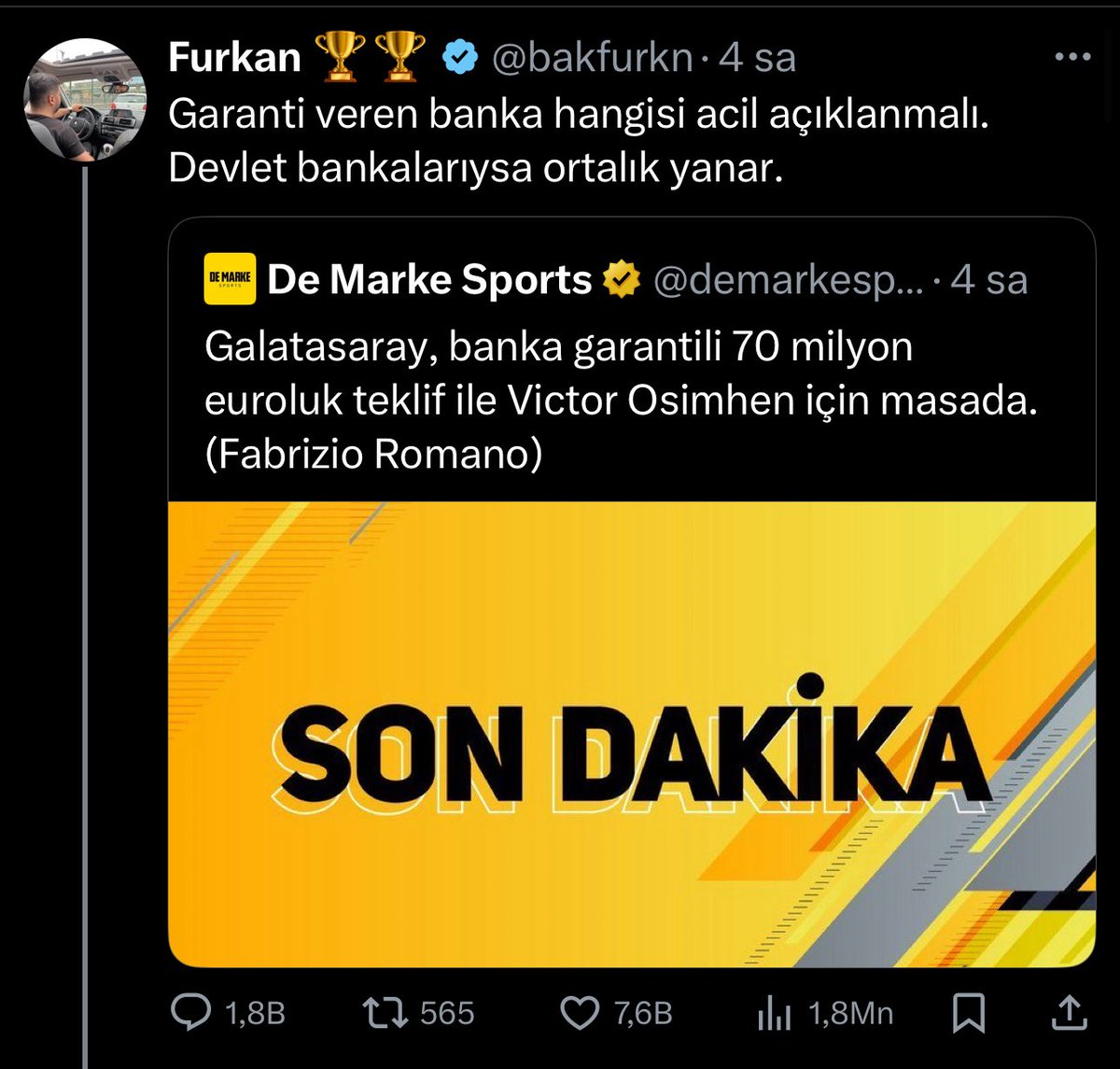 Bu transfer için, borcu olan bir kulübe destek veren banka hangisi ise aynı gün tüm kartlarını iptal edecekler kendini belli etsin ☝🏼☝🏼