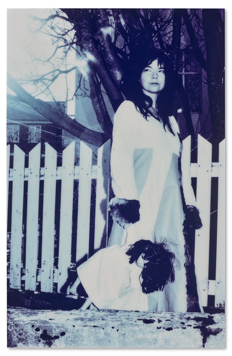 this pic of björk is so david lynch coded the way björk looks so ominous holding a doll that looks like her in front of a white picket fence staring into the horizon with that filter too omg