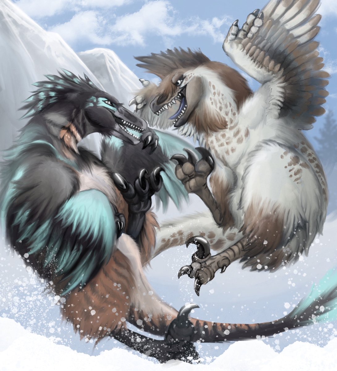 Another Artfight attack, this one for <a href="/Shadderstag/">Shadderstag</a> of his Troodon Ttoks and my Deinonychus Ripsong beating each other up in the snow.

#artfight2025