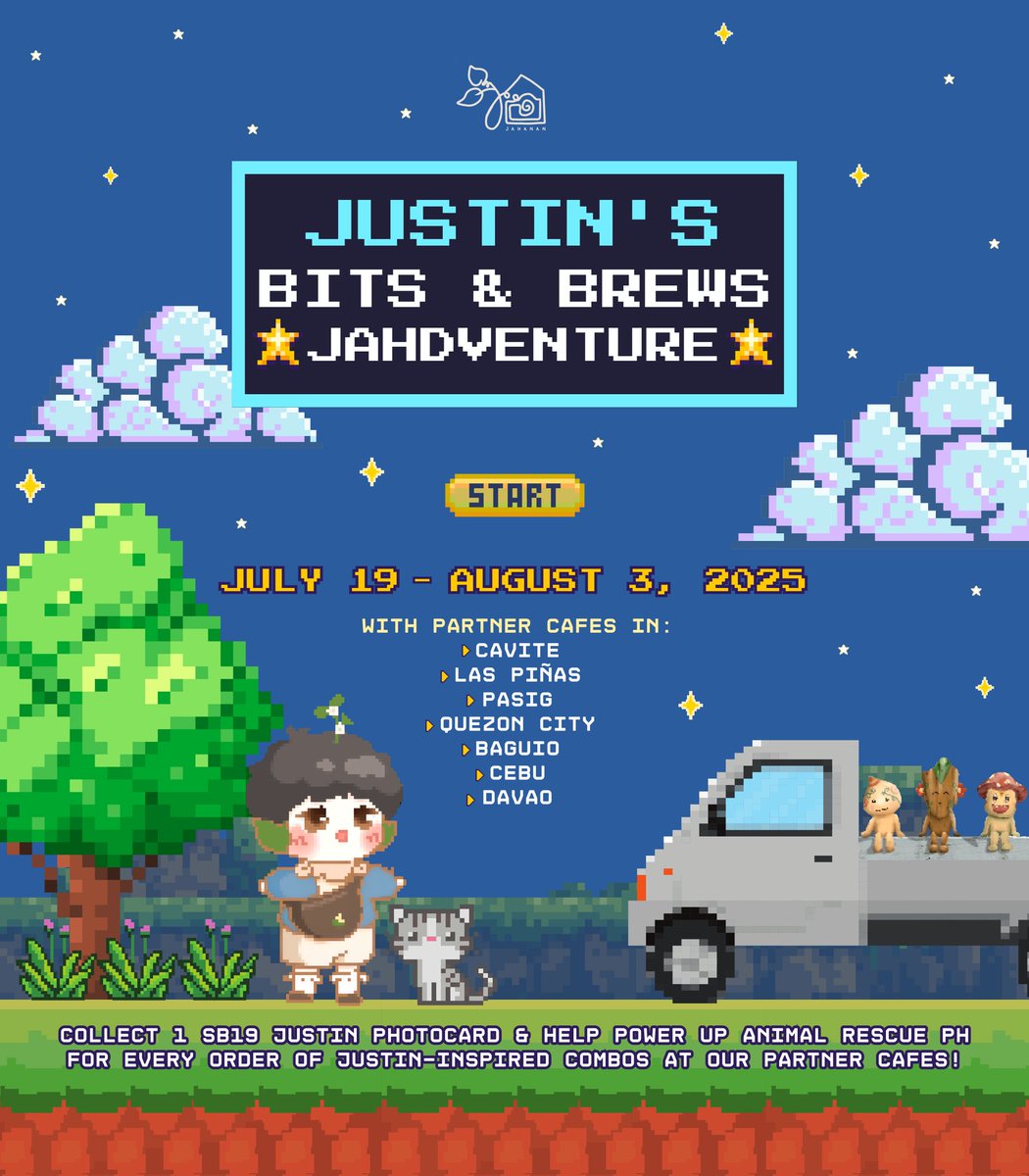 AngAmingJAHanan's tweet photo. Are you ready for a paw-some adventure with Justin nationwide? 🗺️

Grab Justin-inspired combos at our partner cafés from July 19 - August 3, 2025 and get 1 random photocard as your treasure! 💎 Proceeds will help power up the mission of Animal Rescue PH! 🐾

Pack your bags, mais & A'TIN! Let’s have a #JAHdventure!

@justintdedios #justin