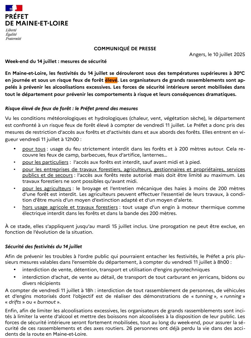 Prefet49's tweet image. 🟠Weekend du #14juillet | mesures de sécurité en Maine-et-Loire
➡️Risque élevé feux de foret
➡️ Sécurité du 14 festivités du 14 juillet
#risqueincendie #securite #feudeforet #fetenationale