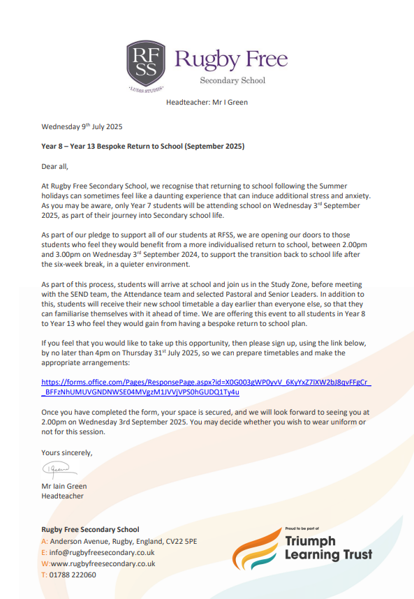 Please check your MCAS app for this letter, regarding a bespoke return to school opportunity for students. Thank you.