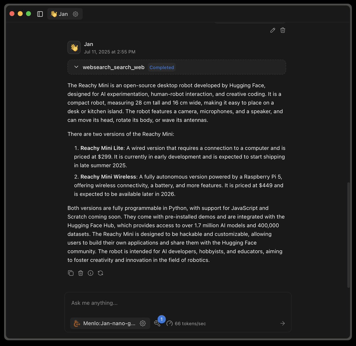 what a time to be alive: a local 4B model (Jan-nano) + Web Search tool is already amazing to get the info you need with no overhead 🚀