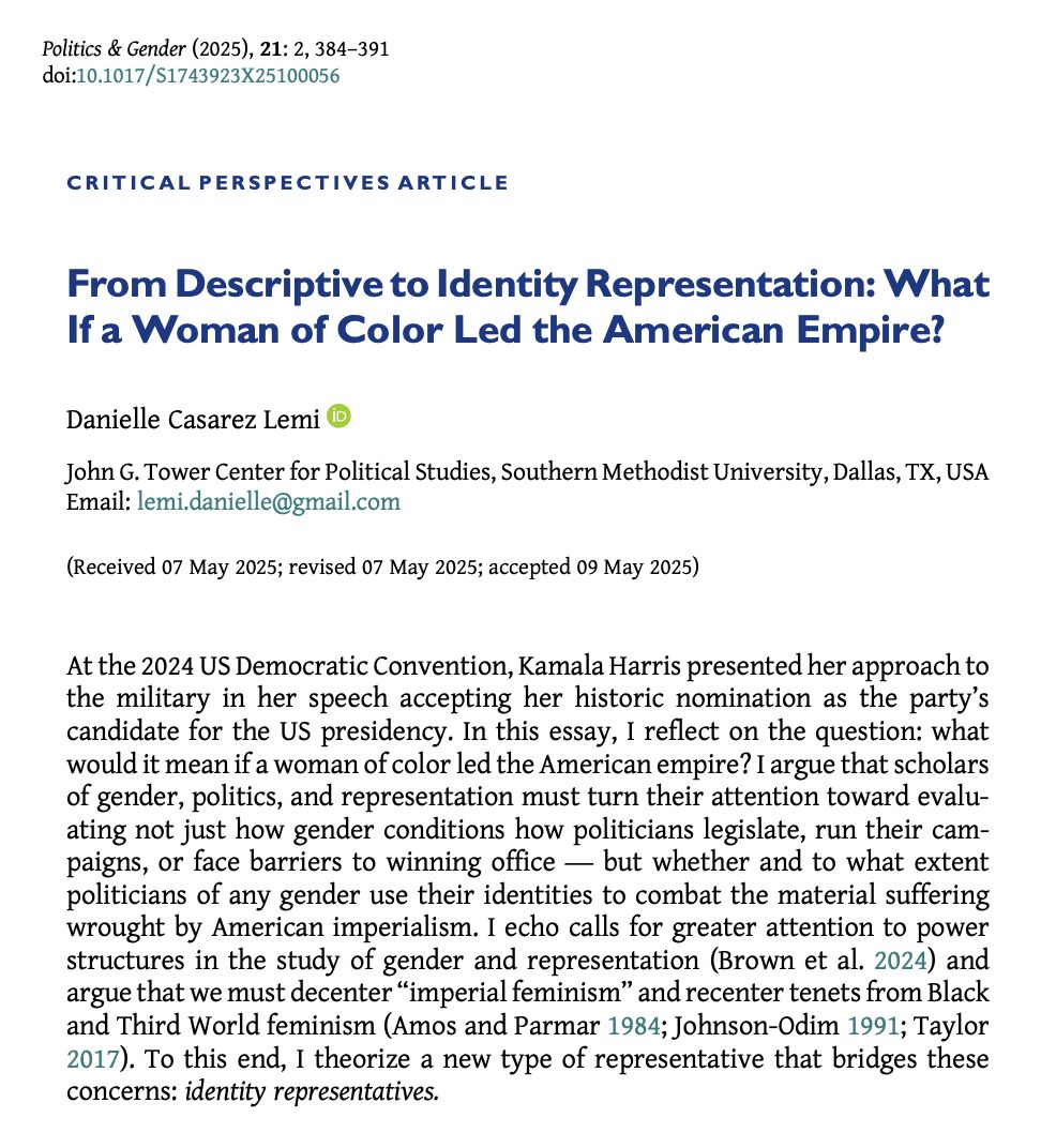 PoliticsGenderJ's tweet image. 📢New issue of #PAG21 is out!📢
For our critical perspective on the 2024 election, Danielle Casarez Lemi asks what it means for a Black woman to lead the American empire, complicating the nature of representation across borders.
buff.ly/63pr4xR