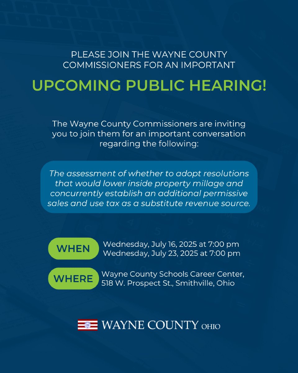 Your voice matters — come be part of the conversation! Share your thoughts at one of the two upcoming hearings.

#WayneCounty #WayneCountyOH #SmallBusiness #LocalBusiness #NortheastOhioRegion #NEOhio
