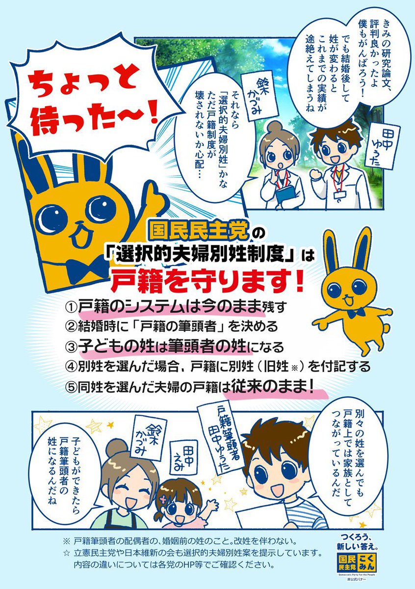 usamaru_GT's tweet image. 「選択的夫婦別姓は戸籍制度を壊してしまうのでは…?」と不安な皆さま!
国民民主党の選択的夫婦別姓案は戸籍を壊しません!!
そして別姓を選ばなかった(夫婦同姓)場合、従来となんにも変わりません!!
ご安心を✨
#手取りを増やす夏
#比例は略さず国民民主党