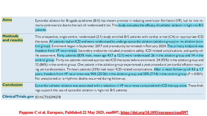 drraviele's tweet image. 📌 High-risk #BrugadaSyndrome random. trial
👉 Epicardial #ablation + ICD assoc. w/ ⬇️ in VF recurrence compared w/ #ICD alone
#EPeeps #suddendeath #ECG #CardioTwitter #MedTwitter @DrRoderickTung @Dr_Santangeli @DoctorPhillEP @drluissaenz @ftrae @SeguraCardio @LluisMont2 @Hragy
