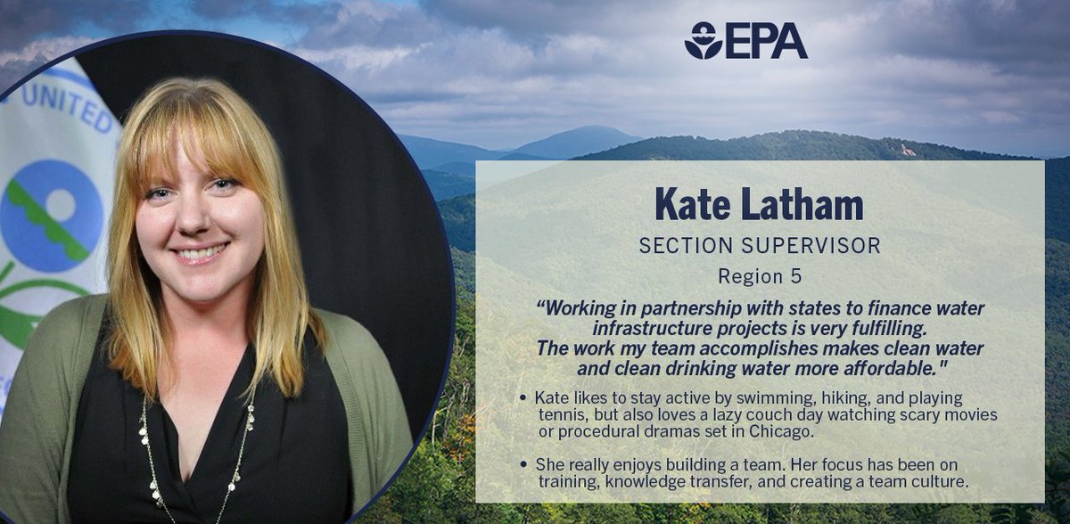 EPA's tweet image. ⭐ EPA Employee Spotlight ⭐
Meet Kate Latham, a Section Supervisor in @eparegion5!
Kate embodies the agency’s mission to advance cooperative federalism by collaborating with state partners to finance water infrastructure projects throughout the Great Lakes region. With a…