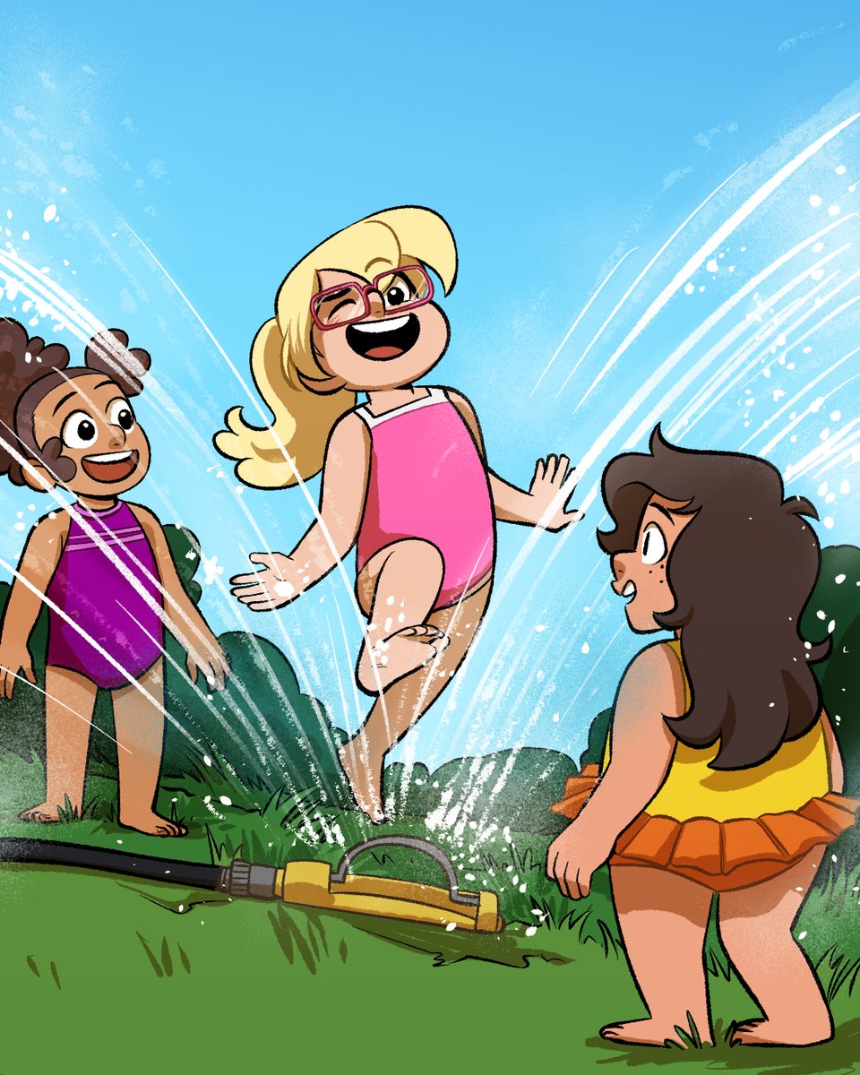 GraphixBooks's tweet image. There's no better feeling than running through the sprinkler on a hot summer day. ☀️💦 BSC adapter DK Yingst showed us how Karen and the Baby-sitters Little Sister crew beat the heat.