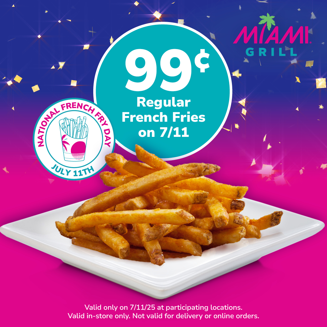 ✨ National French Fry Day! ✨Today Only - Get a regular order of fries for only 99 cents with any purchase* 🍟🔥 Stop by for a one-of-a-kind taste sensation you won't find anywhere else. 😋 #MiamiGrill #SeasonedFries 
*Valid in-store only at participating locations.