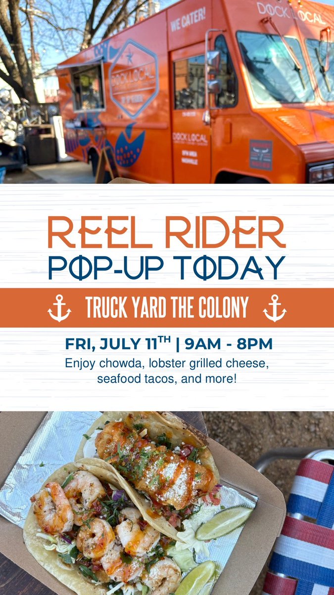 Reel Rider Pop-Up Today
Fresh tacos and cold beer at Truck Yard Colony
9 AM – 8 PM
@docklocalchef @truckyardthecolony