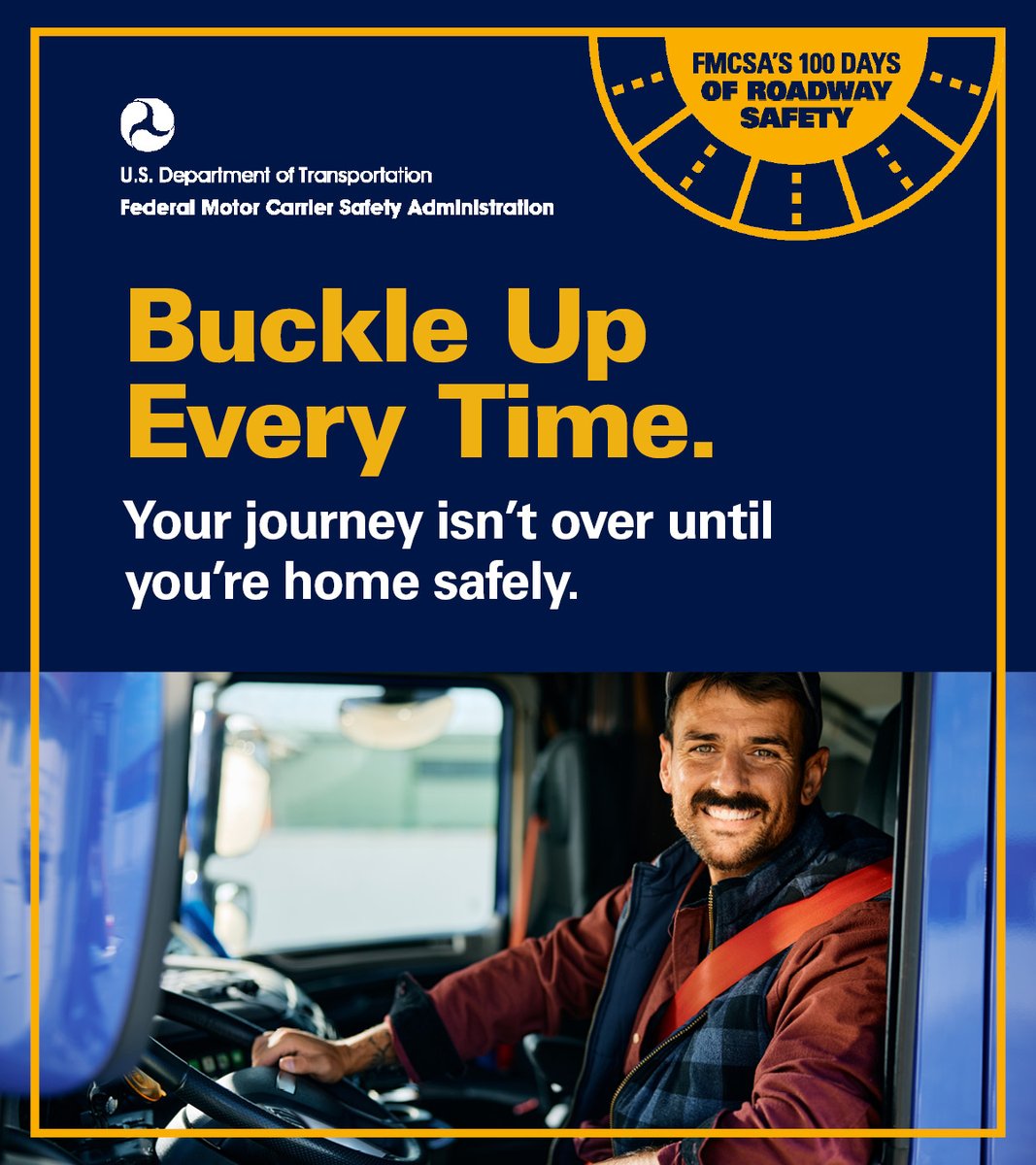 FMCSA's tweet image. Long days, hot roads, and more traffic mean safety matters more than ever. Whether it’s a quick haul or a long route, buckle up every time so you can make it home to your loved ones safely.
Learn more about seat belt safety at fmcsa.dot.gov/seatbelts.