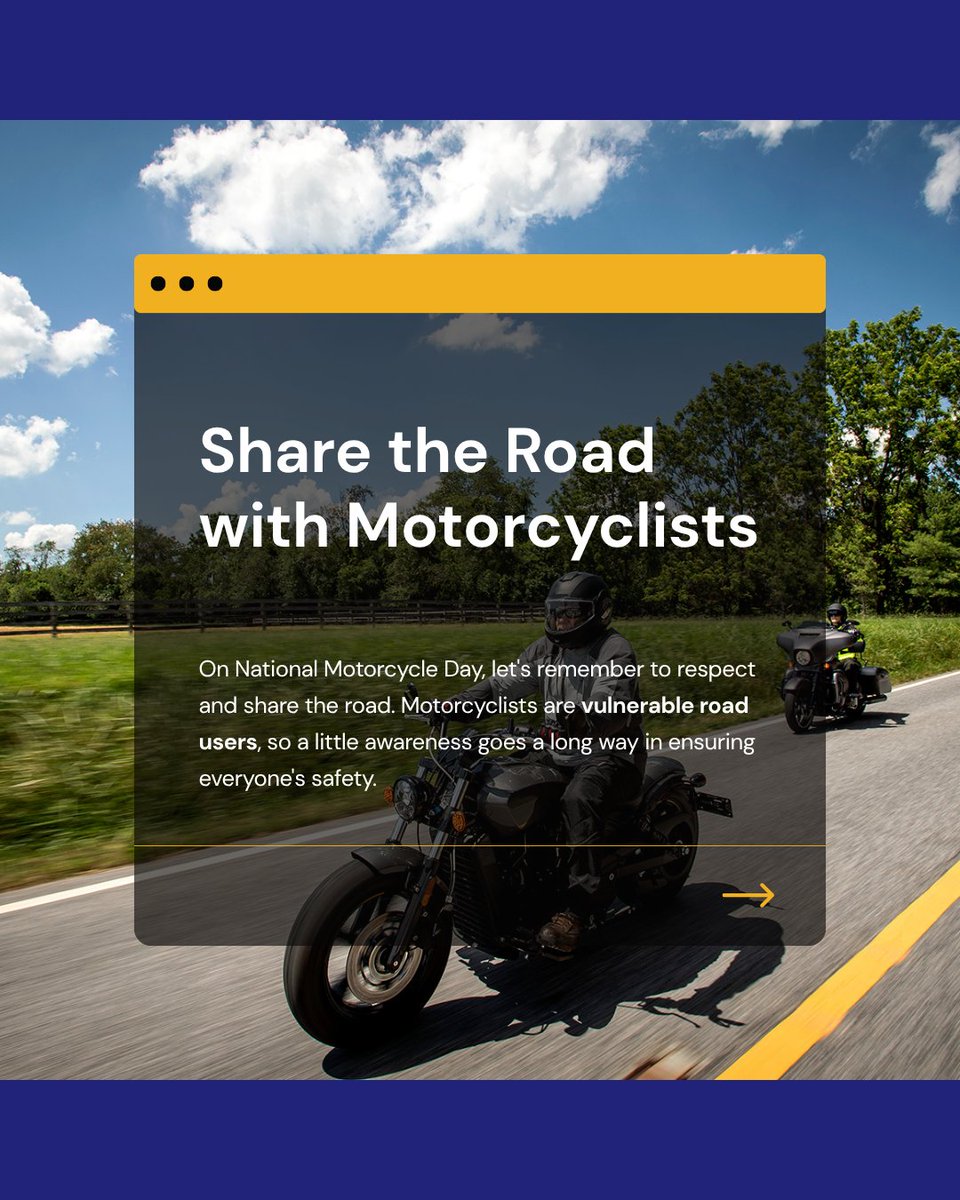VirginiaDMV's tweet image. 🏍️ Join us in celebrating National #Motorcycle Day!🏍️
Motorcycles are about the journey, not the destination. Help everyone enjoy the journey by sharing the road!
Safety resources: dmv.virginia.gov/safety/program…
#NationalMotorcycleDay #MotorcycleSafety #motorcycleday