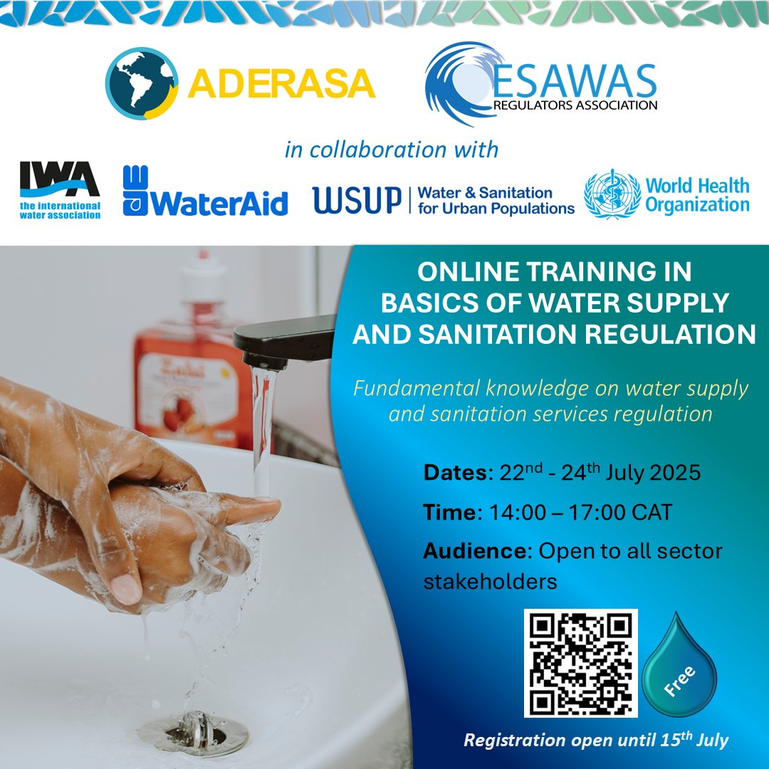 Join the Free Online Training: Basics of Water Supply and Sanitation Regulation 🌍 

📅 22–24 July 2025 

Register by 15 July: iwa-network.org/learn/online-t…