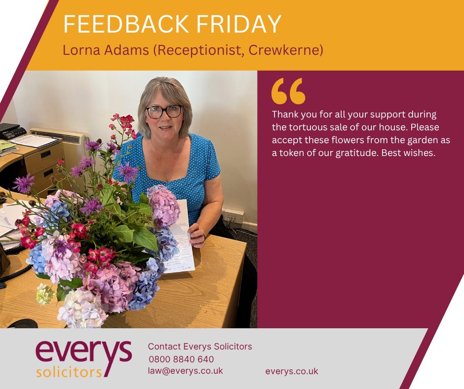 Well done to Lorna Adams, Receptionist at our Crewkerne office, who received a thank you gift from a grateful client — a beautiful bouquet of homegrown flowers in recognition of her excellent service. 💐

A lovely gesture and well deserved. Great work, Lorna!

#WeAreEverys