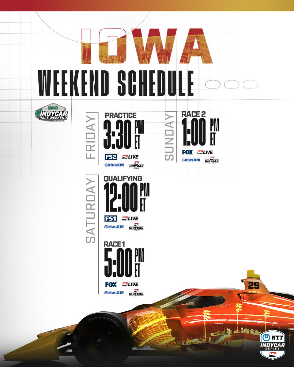 detroitgp's tweet image. Get ready for an @INDYCAR doubleheader at @iowaspeedway for Sukup INDYCAR Race Weekend. The Synk 275 takes the green flag on Saturday, July 12 at 5:00P ET, followed by the Farm to Finish 275 on Sunday, July 13 at 1:00P ET. Watch the action all weekend on FOX!
@indycaratiowa