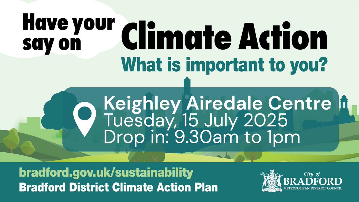 bradfordmdc's tweet image. Tuesday, 15 July 2025, 9.30am to 1pm: Keighley Airedale Centre - come along and join us.
Have your say, take part in our consultation on the Draft Climate Action Plan. Share your feedback and suggestions
You can also take part online
orlo.uk/4tFO0