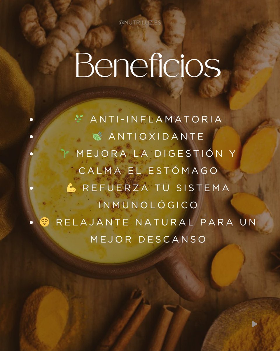 Golden Milk: 1 taza de leche de vaca o vegetal, 1 cucharadita de cúrcuma, 1/2 de canela en polvo, 1/2 de jengibre (en polvo o rallado) y una pizca de pimienta negra.
Añade cúrcuma, canela, jengibre y pimienta negra en medio vaso de agua. Remueve y añade la leche o bebida vegetal.
