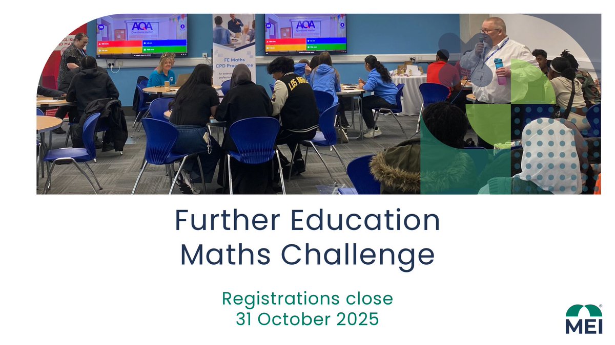 MEIMaths's tweet image. The Further Education Maths Challenge is back and bigger than ever! Encourage your learners to solve problems, think creatively and enjoy maths differently when they take part in this free competition.
Learn more: buff.ly/zfL63D1
#FurtherEducation #TeachingMaths