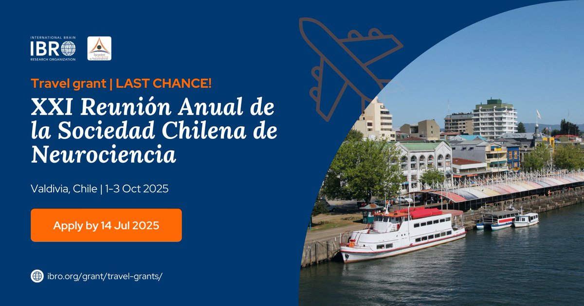 IBROorg's tweet image. Are you presenting at the XXI Reunión Anual de la Sociedad Chilena de Neurociencia? You may be eligible for a $250 IBRO travel #grant to support your attendance.
⌛️Time is running out - apply by 14 Jul!
ibro.org/grant/travel-g…
#IBROinLatAm @SocChileNeuroci @DiegoGolombek