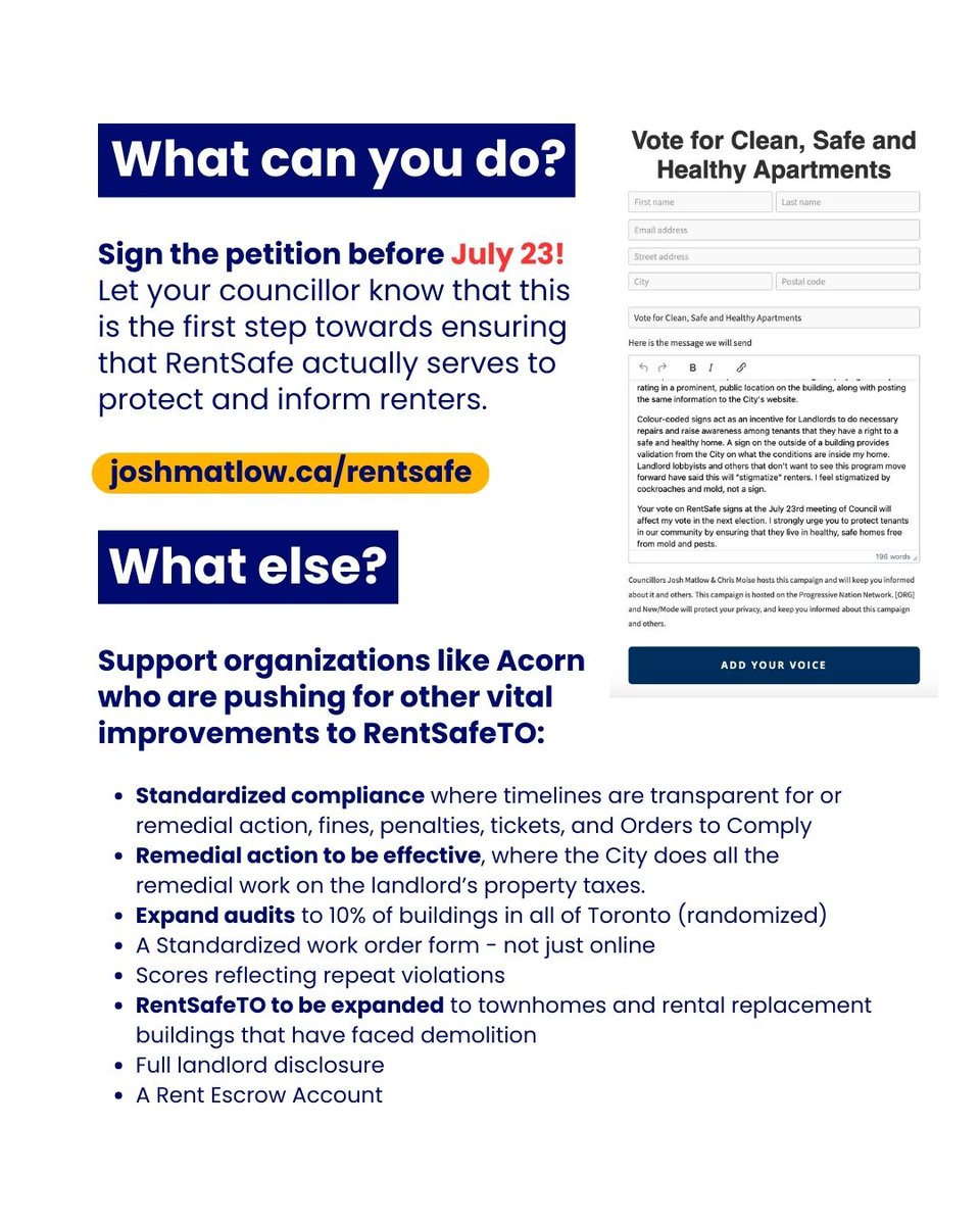 Sign the petition before July 23rd to support #RentSafeTO signage! 
🔗 joshmatlow.ca/rentsafe 🔗 

Colour-coded signage is being brought to #TorontoCityCouncil this month between July 23rd-25th. #Toronto #TorontoHousing