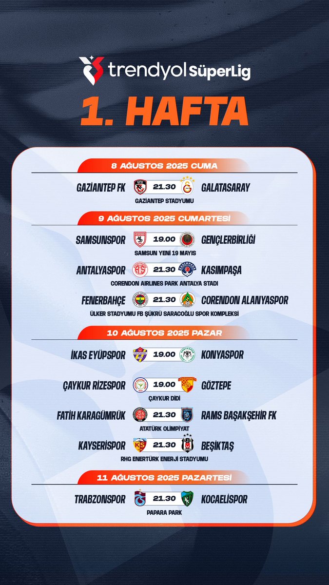 Süper Lig'de 1. ve 2. hafta programları açıklandı.

1. Hafta Samsunspor'umuz-Gençlerbirliği
9 Ağustos Cumartesi, saat: 19.00

2. Hafta Kocaelispor-Samsunspor'umuz
16 Ağustos Cumartesi, saat:19.00