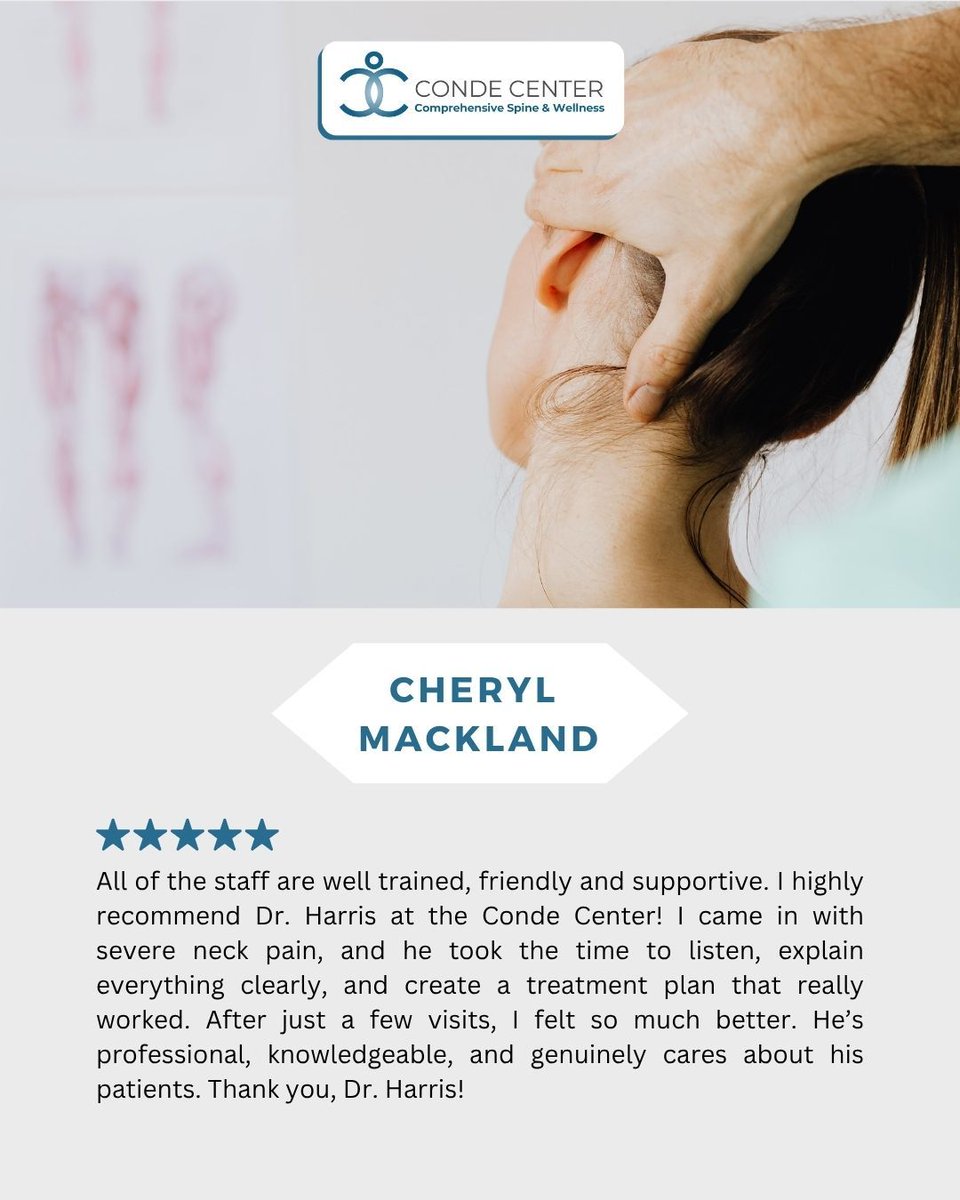 thecondecenter's tweet image. Neck pain relief starts with care that listens 👂💙 Cheryl’s experience with Dr. Harris at the Conde Center says it all! Friendly staff, expert care, and real results.

📞 (561) 330-6096
🌐 thecondecenter.com

#PatientPraise #NeckPainRelief #CondeCenter #ChiropracticCare