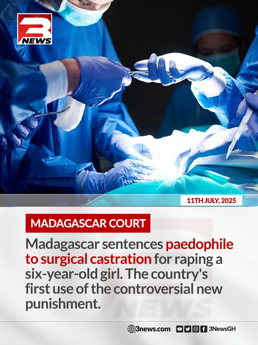 A court in Madagascar has sentenced a man to surgical castration for the rape of a child in 2024, a judicial official said, in the first such measure on the Indian Ocean Island.

#TV3GH