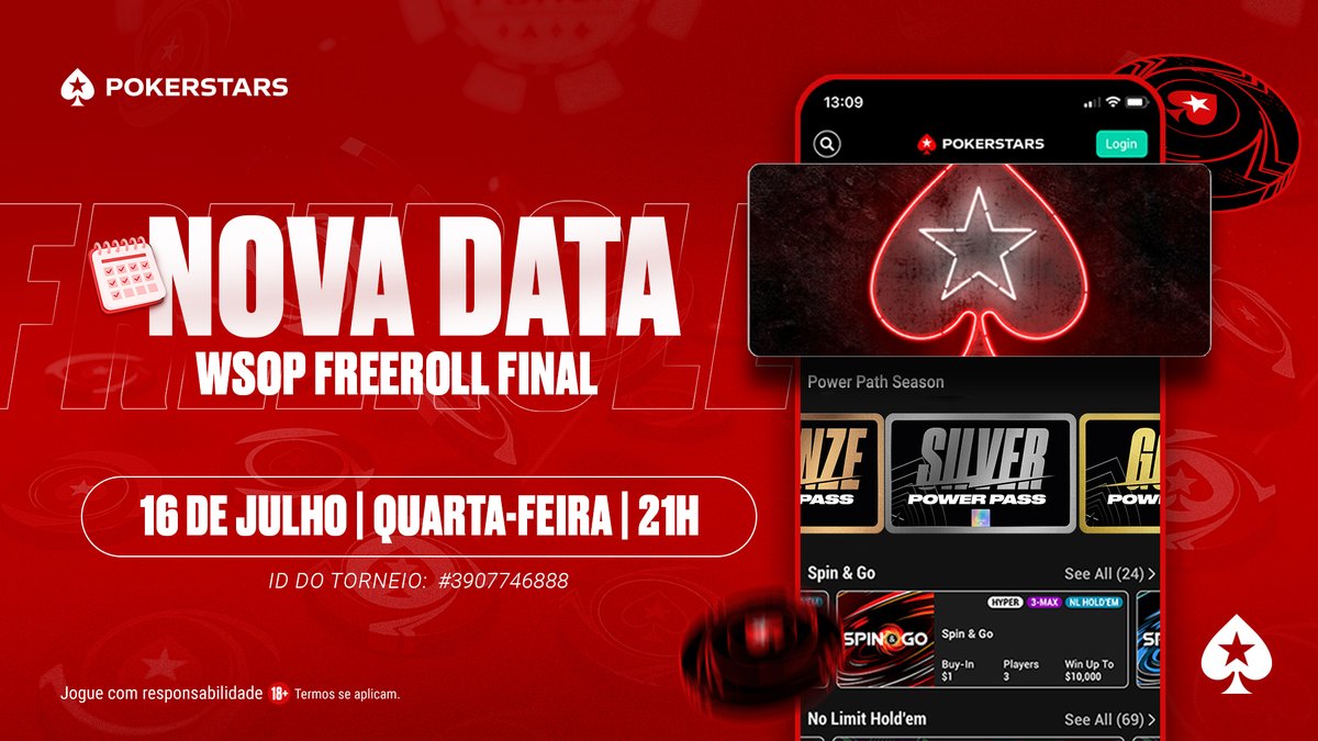 🚨 SE LIGA NA NOVA DATA! 🚨

A final que estava programada pra essa semana, agora vai rolar na próxima QUARTA-FEIRA, DIA 16, 21h!

Já marca na agenda e bora pro grind! ♠️

#pokerstarsbrasil #freeroll #wsop