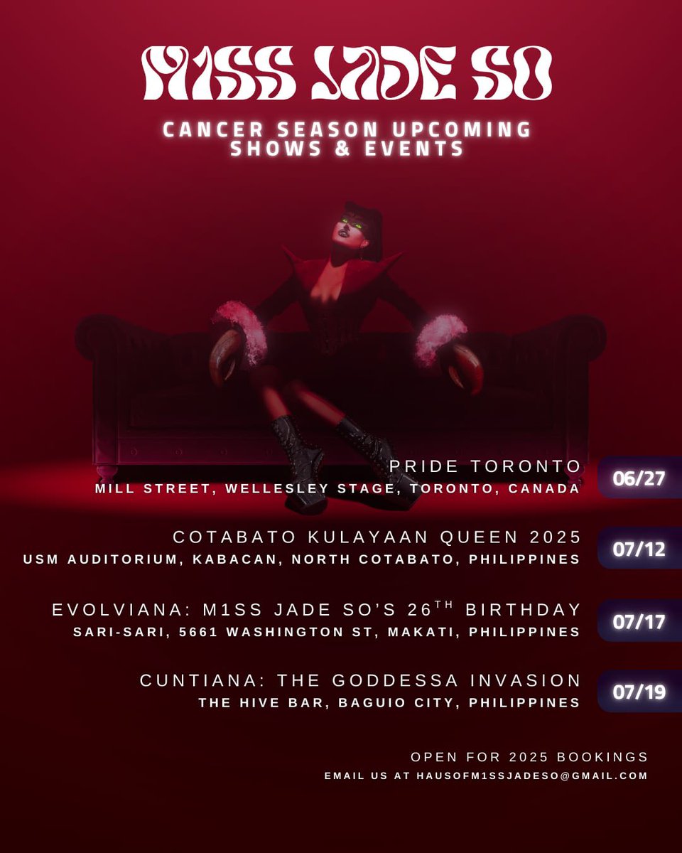 HausOfM1ssJade's tweet photo. Our queen’s season! ♋️⭐️🪽
Catch her on these following upcoming shows! @m1ssjadeso

We are open for 2025 bookings! 📧
E-mail us at: hausofm1ssjadeso@gmail.com

#M1ssJadeSo
#TeamM1ssJadeSo 
#Goddessafication 
#GoddessaBehavior 
#GoddessaSupremacy https://t.co/E9E5MNKYzb