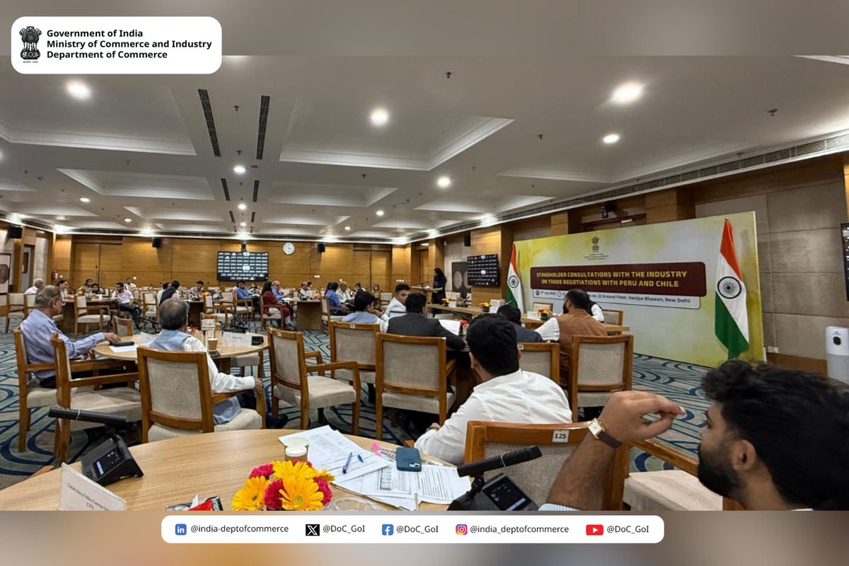 The Department of Commerce convened stakeholder consultations today on trade negotiations with Peru and Chile.
🗓️ 11 July 2025 | 📍 Vanijya Bhawan, New Delhi
These discussions aim to align India’s trade objectives with industry interests and foster mutually beneficial agreements.